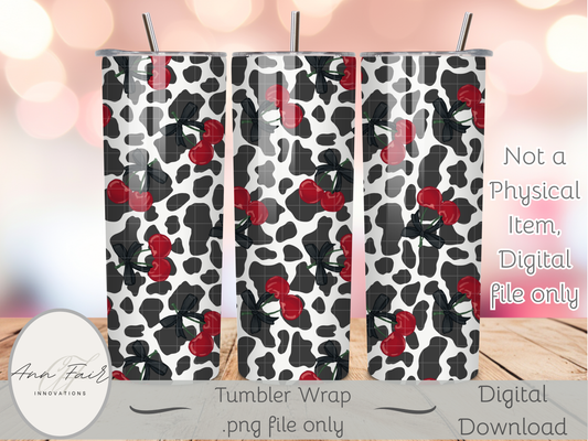 Cow Print and Cherries Seamless PNG 20oz Skinny Tumbler Wrap | Sublimation 300 DPI Straight Tumbler Wrap | PNG Digital Wrap Digital Download