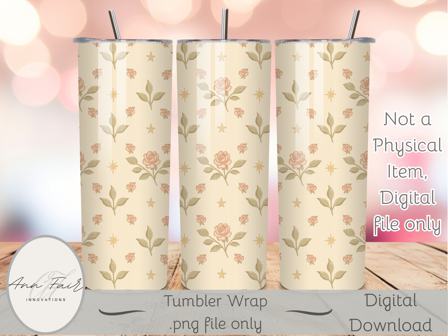 Roses and Stars Vintage Seamless PNG 20oz Skinny Tumbler Wrap | Sublimation 300 DPI Straight Tumbler Wrap | PNG Digital Wrap Digital Download
