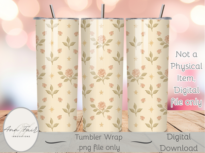Roses and Stars Vintage Seamless PNG 20oz Skinny Tumbler Wrap | Sublimation 300 DPI Straight Tumbler Wrap | PNG Digital Wrap Digital Download