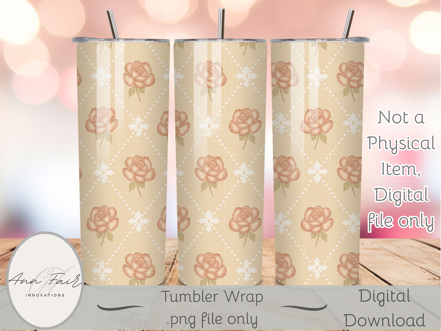 Rose Diamond Vintage Seamless PNG 20oz Skinny Tumbler Wrap | Sublimation 300 DPI Straight Tumbler Wrap | PNG Digital Wrap Digital Download