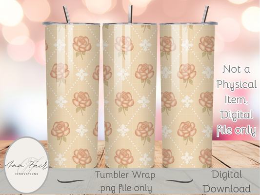 Rose Diamond Vintage Seamless PNG 20oz Skinny Tumbler Wrap | Sublimation 300 DPI Straight Tumbler Wrap | PNG Digital Wrap Digital Download