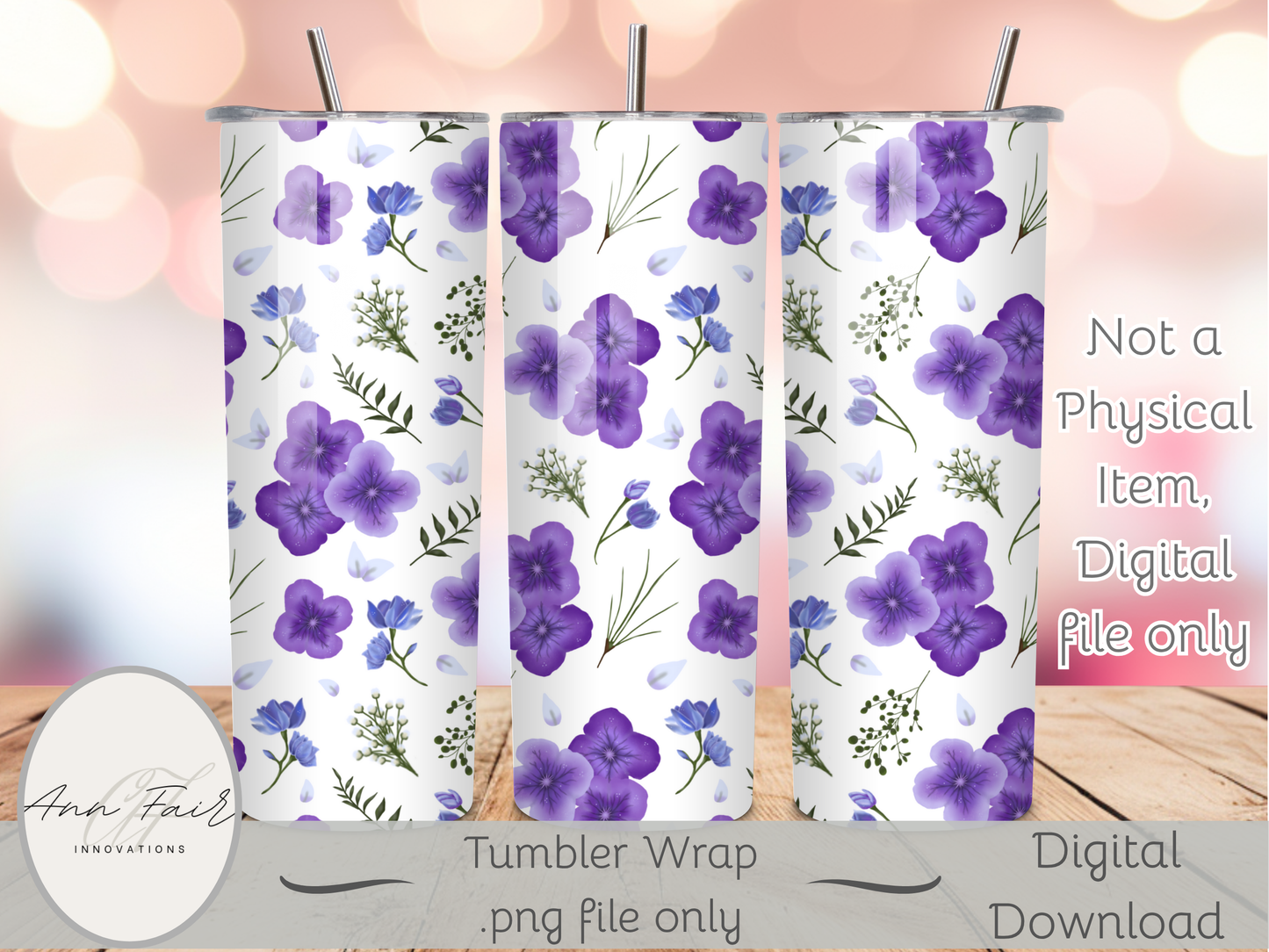 Amethyst Meadows white background Seamless PNG 20oz Skinny Tumbler Wrap | Sublimation 300 DPI Straight Tumbler Wrap | PNG Digital Wrap Digital Download