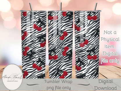 Zebra Print and Cherries Seamless PNG 20oz Skinny Tumbler Wrap | Sublimation 300 DPI Straight Tumbler Wrap | PNG Digital Wrap Digital Download