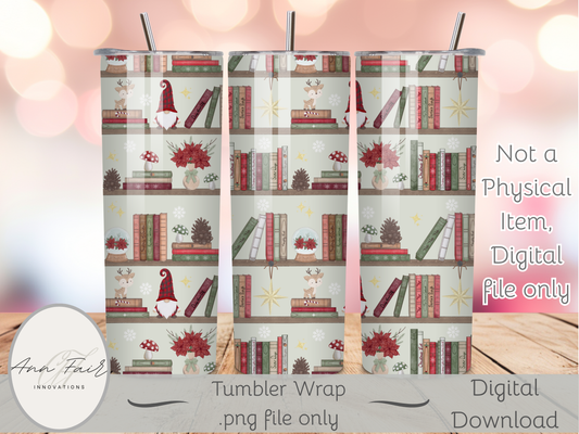Cottagecore Christmas Bookshelf Seamless PNG 20oz Skinny Tumbler Wrap | Sublimation 300 DPI Straight Tumbler Wrap | PNG Digital Wrap Digital Download