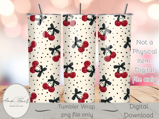 Polka Dots and Cherries Seamless PNG 20oz Skinny Tumbler Wrap | Sublimation 300 DPI Straight Tumbler Wrap | PNG Digital Wrap Digital Download