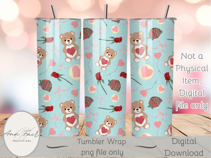 Teddy Bear Valentine Seamless PNG 20oz Skinny Tumbler Wrap | Sublimation 300 DPI Straight Tumbler Wrap | PNG Digital Wrap Digital Download
