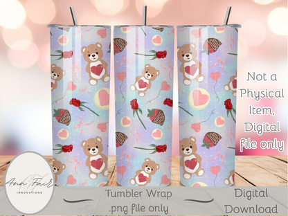 Teddy Bear Valentine Seamless PNG 20oz Skinny Tumbler Wrap | Sublimation 300 DPI Straight Tumbler Wrap | PNG Digital Wrap Digital Download