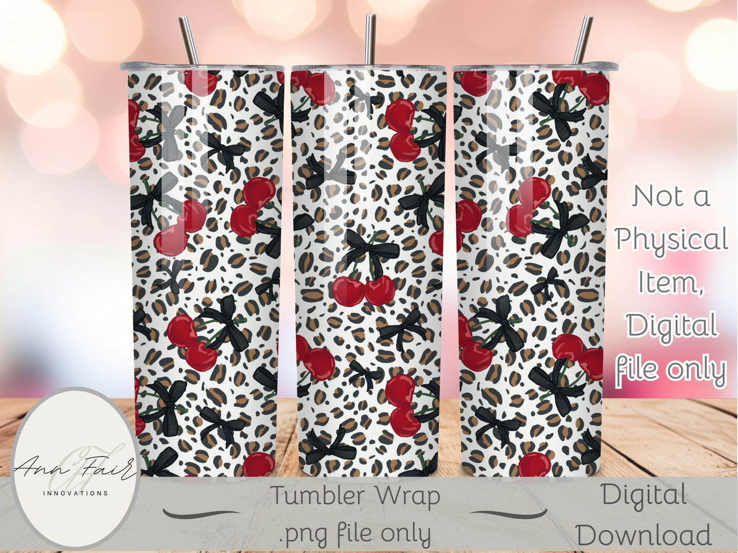 Leopards and Cherries Seamless PNG 20oz Skinny Tumbler Wrap | Sublimation 300 DPI Straight Tumbler Wrap | PNG Digital Wrap Digital Download