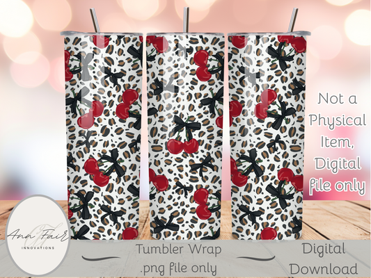 Leopards and Cherries Seamless PNG 20oz Skinny Tumbler Wrap | Sublimation 300 DPI Straight Tumbler Wrap | PNG Digital Wrap Digital Download