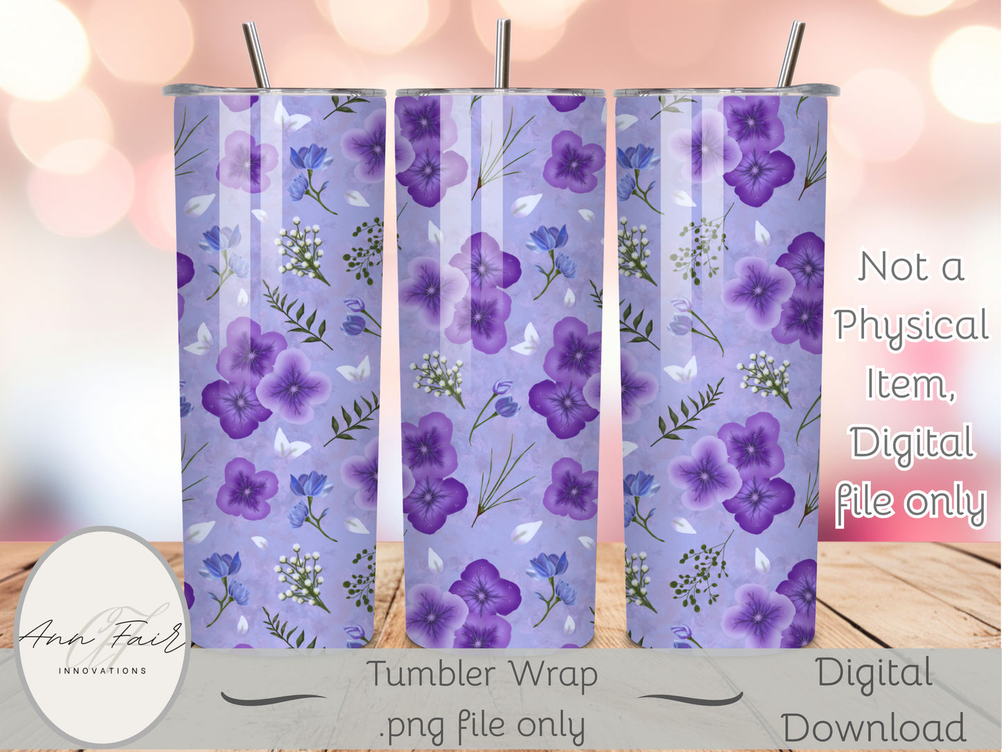 Amethyst Meadows purple background Seamless PNG 20oz Skinny Tumbler Wrap | Sublimation 300 DPI Straight Tumbler Wrap | PNG Digital Wrap Digital Download
