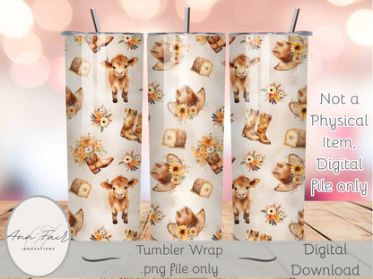 Cute Highland Cow Floral Seamless PNG 20oz Skinny Tumbler Wrap | Sublimation 300 DPI Straight Tumbler Wrap | PNG Digital Wrap Digital Download