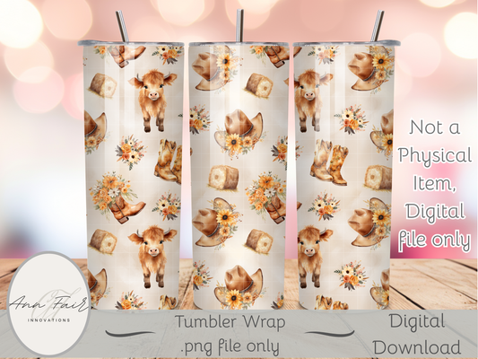 Cute Highland Cow Floral Seamless PNG 20oz Skinny Tumbler Wrap | Sublimation 300 DPI Straight Tumbler Wrap | PNG Digital Wrap Digital Download
