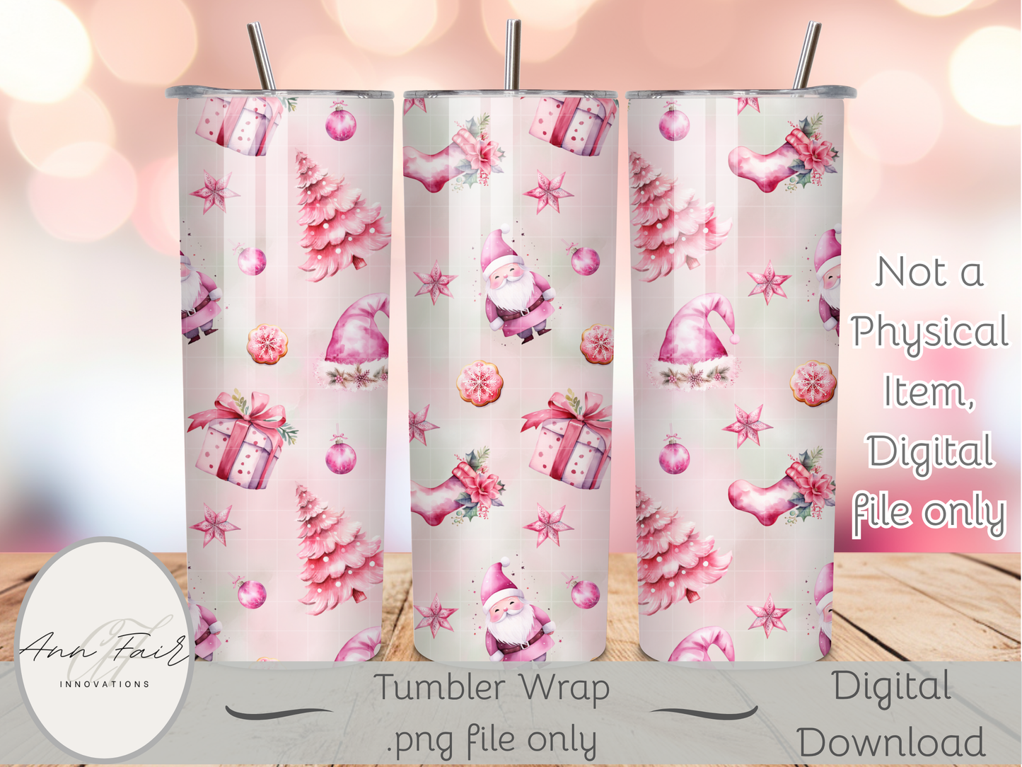 Pink Christmas Seamless PNG 20oz Skinny Tumbler Wrap | Sublimation 300 DPI Straight Tumbler Wrap | PNG Digital Wrap Digital Download