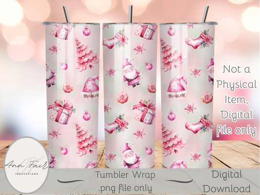 Pink Christmas Seamless PNG 20oz Skinny Tumbler Wrap | Sublimation 300 DPI Straight Tumbler Wrap | PNG Digital Wrap Digital Download