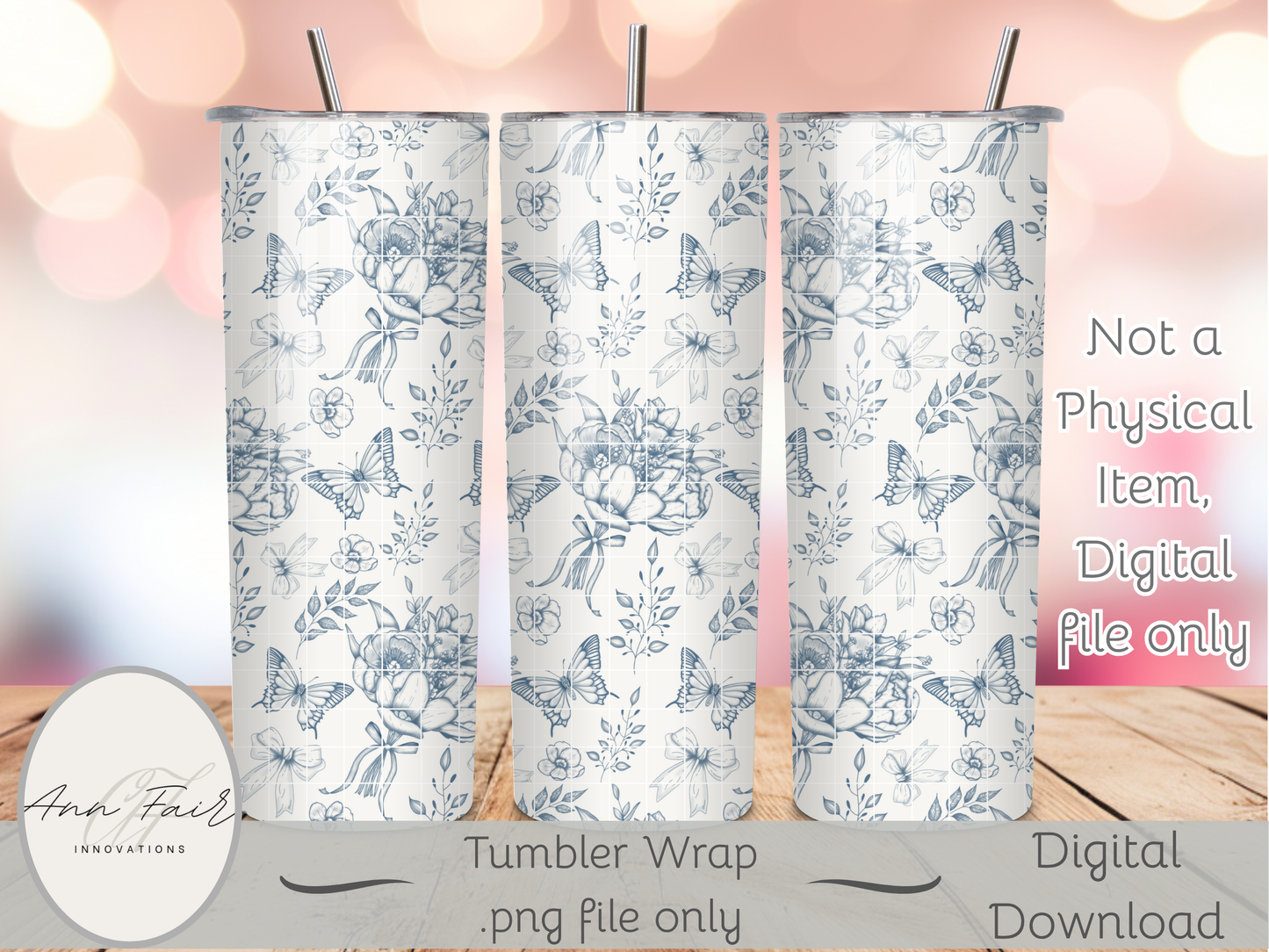 Toile De Jouy Bouquet in blue Seamless PNG 20oz Skinny Tumbler Wrap | Sublimation 300 DPI Straight Tumbler Wrap | PNG Digital Wrap Digital Download