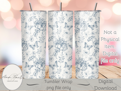 Toile De Jouy Bouquet in blue Seamless PNG 20oz Skinny Tumbler Wrap | Sublimation 300 DPI Straight Tumbler Wrap | PNG Digital Wrap Digital Download