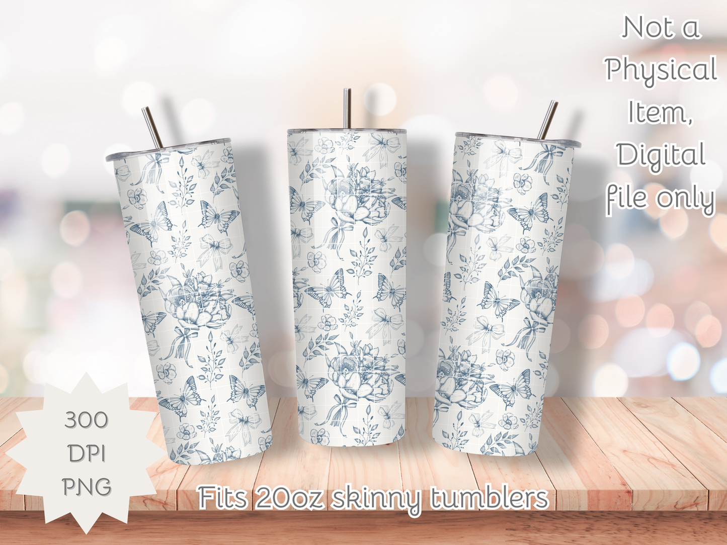 Toile De Jouy Bouquet in blue Seamless PNG 20oz Skinny Tumbler Wrap | Sublimation 300 DPI Straight Tumbler Wrap | PNG Digital Wrap Digital Download