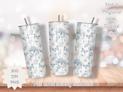 Toile De Jouy Bouquet in blue Seamless PNG 20oz Skinny Tumbler Wrap | Sublimation 300 DPI Straight Tumbler Wrap | PNG Digital Wrap Digital Download