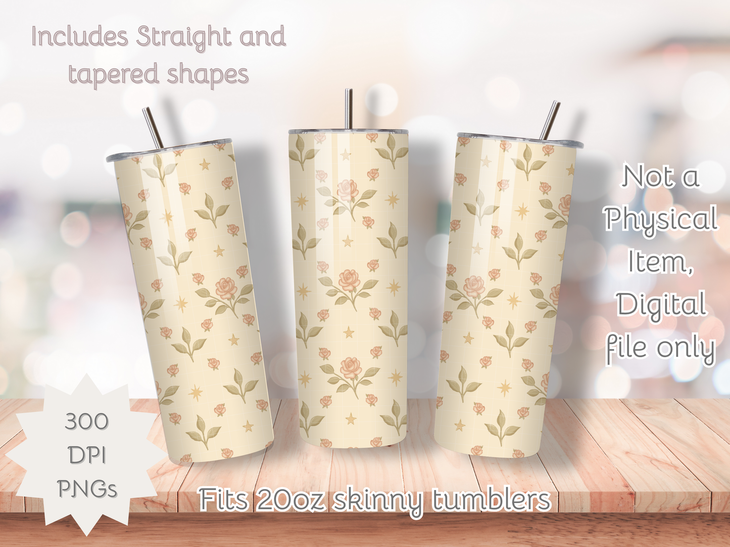 Roses and Stars Vintage Seamless PNG 20oz Skinny Tumbler Wrap | Sublimation 300 DPI Straight Tumbler Wrap | PNG Digital Wrap Digital Download