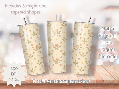 Roses and Stars Vintage Seamless PNG 20oz Skinny Tumbler Wrap | Sublimation 300 DPI Straight Tumbler Wrap | PNG Digital Wrap Digital Download