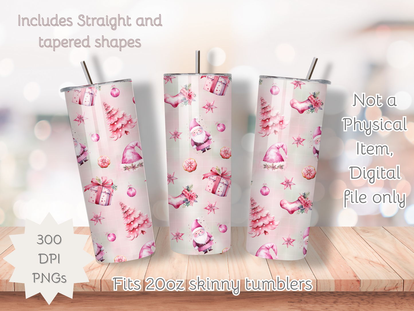 Pink Christmas Seamless PNG 20oz Skinny Tumbler Wrap | Sublimation 300 DPI Straight Tumbler Wrap | PNG Digital Wrap Digital Download