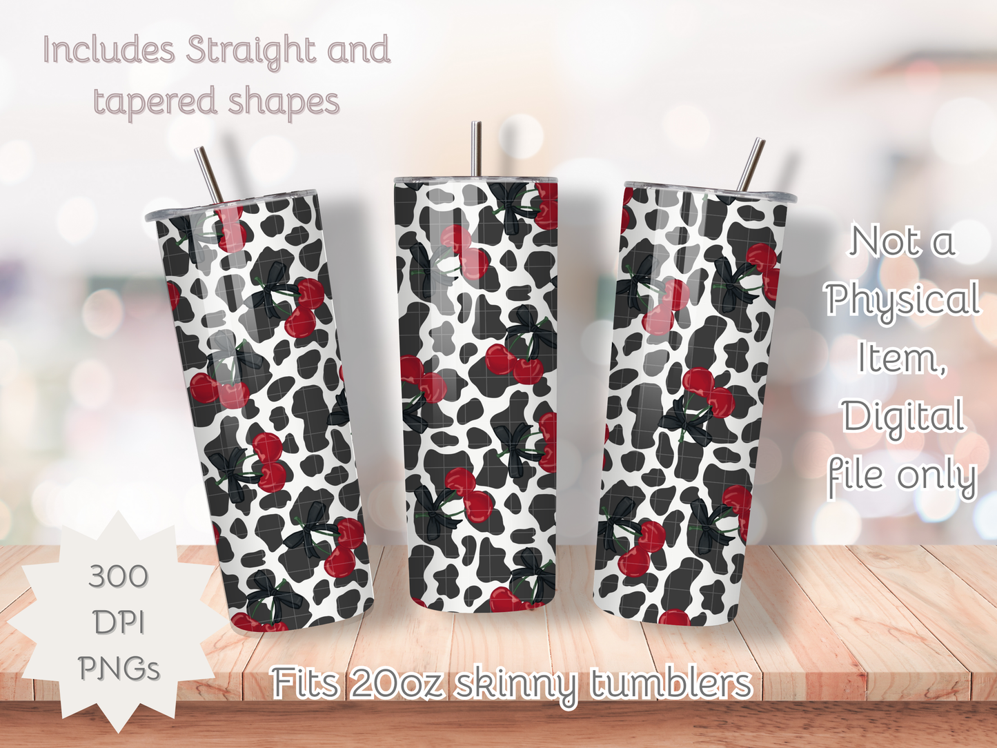 Cow Print and Cherries Seamless PNG 20oz Skinny Tumbler Wrap | Sublimation 300 DPI Straight Tumbler Wrap | PNG Digital Wrap Digital Download