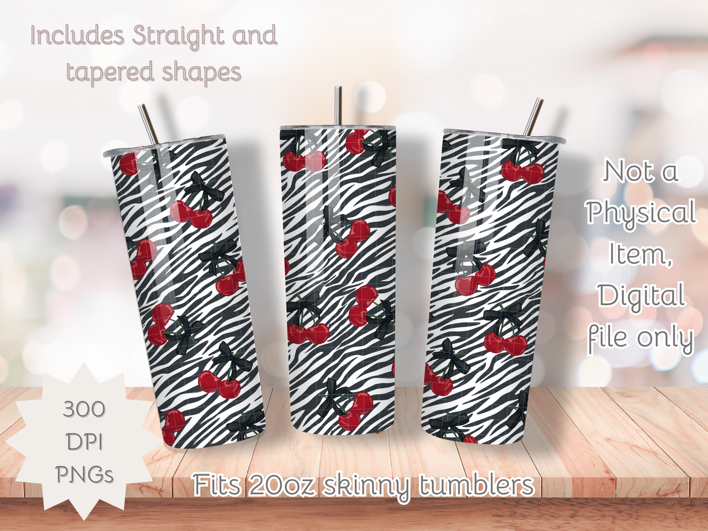 Zebra Print and Cherries Seamless PNG 20oz Skinny Tumbler Wrap | Sublimation 300 DPI Straight Tumbler Wrap | PNG Digital Wrap Digital Download