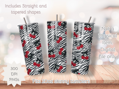 Zebra Print and Cherries Seamless PNG 20oz Skinny Tumbler Wrap | Sublimation 300 DPI Straight Tumbler Wrap | PNG Digital Wrap Digital Download