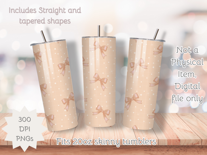 Pink bows and polka dots Coquette Seamless PNG 20oz Skinny Tumbler Wrap | Sublimation 300 DPI Straight Tumbler Wrap | PNG Digital Wrap Digital Download