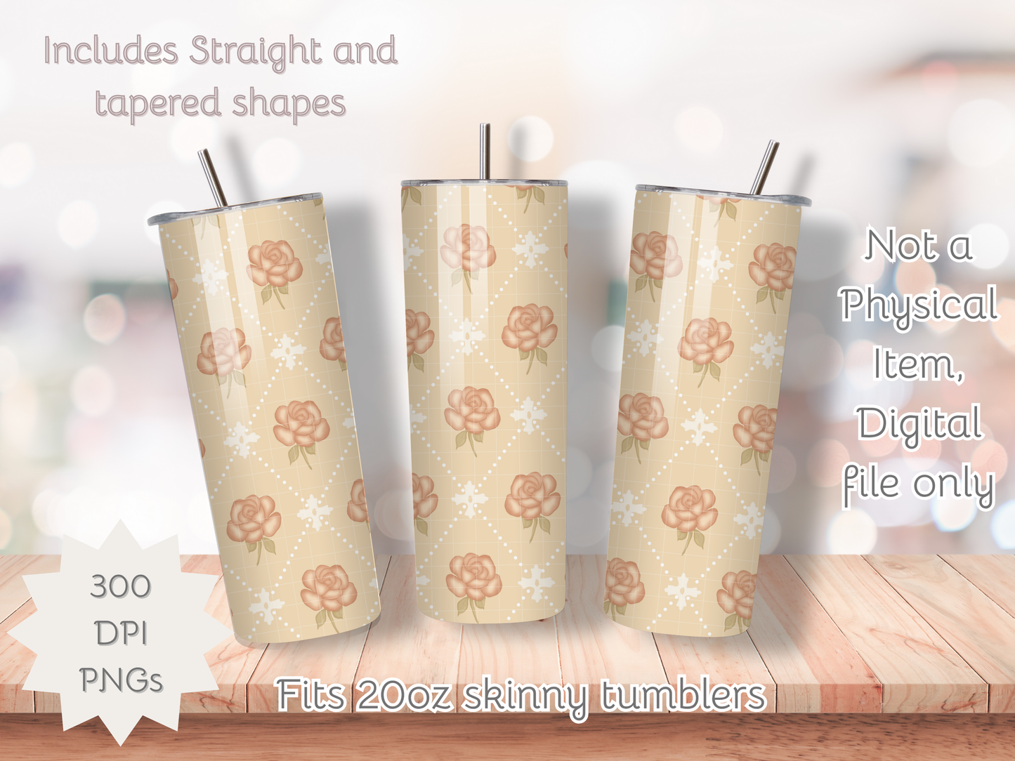Rose Diamond Vintage Seamless PNG 20oz Skinny Tumbler Wrap | Sublimation 300 DPI Straight Tumbler Wrap | PNG Digital Wrap Digital Download