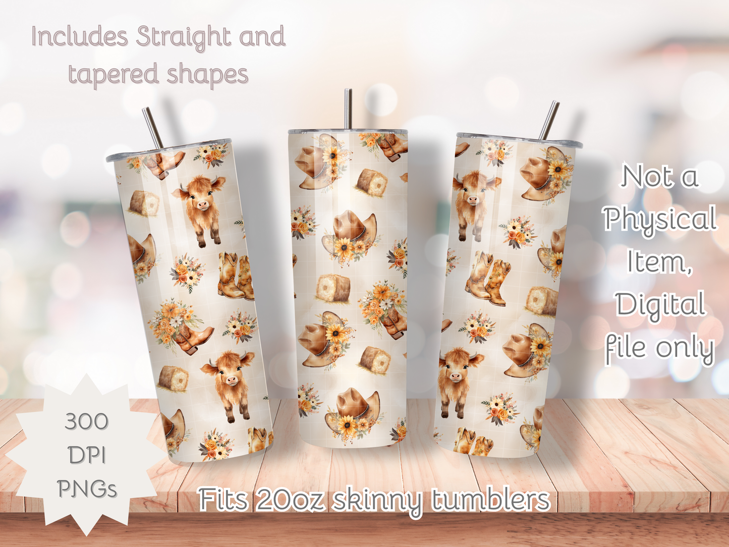 Cute Highland Cow Floral Seamless PNG 20oz Skinny Tumbler Wrap | Sublimation 300 DPI Straight Tumbler Wrap | PNG Digital Wrap Digital Download