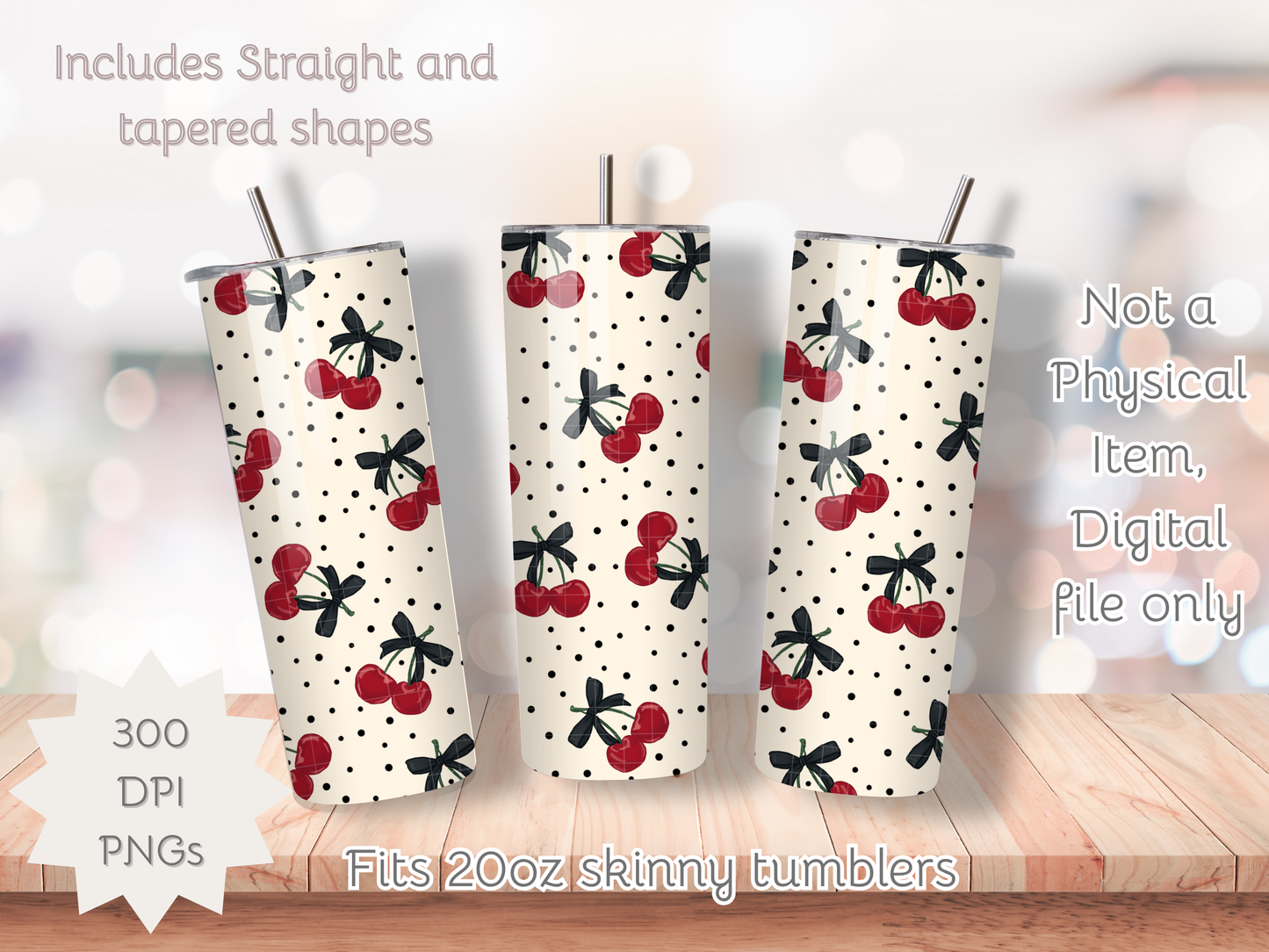 Polka Dots and Cherries Seamless PNG 20oz Skinny Tumbler Wrap | Sublimation 300 DPI Straight Tumbler Wrap | PNG Digital Wrap Digital Download