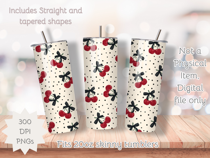 Polka Dots and Cherries Seamless PNG 20oz Skinny Tumbler Wrap | Sublimation 300 DPI Straight Tumbler Wrap | PNG Digital Wrap Digital Download