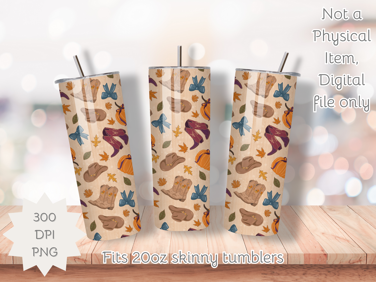 Autumn Cowgirl Seamless PNG 20oz Skinny Tumbler Wrap | Sublimation 300 DPI Straight Tumbler Wrap | PNG Digital Wrap Digital Download