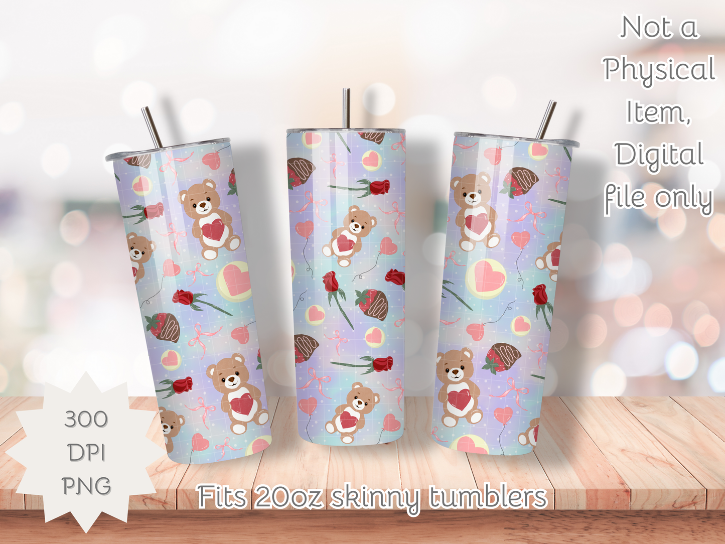 Teddy Bear Valentine Seamless PNG 20oz Skinny Tumbler Wrap | Sublimation 300 DPI Straight Tumbler Wrap | PNG Digital Wrap Digital Download