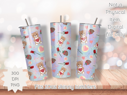 Teddy Bear Valentine Seamless PNG 20oz Skinny Tumbler Wrap | Sublimation 300 DPI Straight Tumbler Wrap | PNG Digital Wrap Digital Download