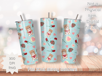 Teddy Bear Valentine Seamless PNG 20oz Skinny Tumbler Wrap | Sublimation 300 DPI Straight Tumbler Wrap | PNG Digital Wrap Digital Download