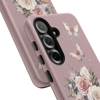 Dusty Rose Floral Phone Case - Tough Cases, Decorative Cell Phone Cover, Butterfly Design