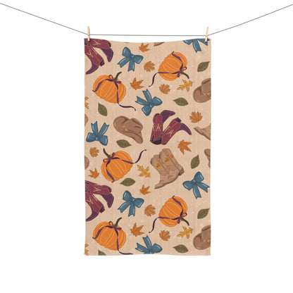 Fall-Themed Hand Towel, Autumn Decor, Kitchen Towel, Seasonal Gift, Pumpkin and Boots Design, Thanksgiving, Home decor