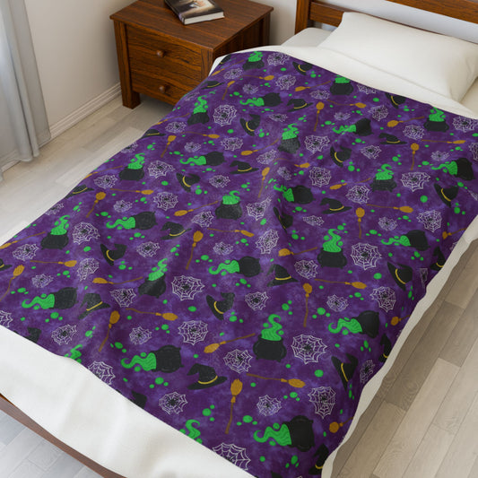 Plush Blanket - Witches Brew with Witches Hat, Broom, Cauldron, Spiders, and Webs