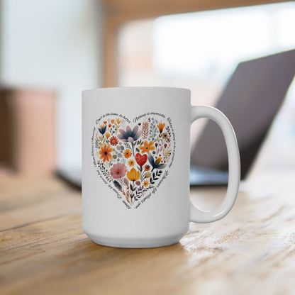 Positive Heart Inspirational Ceramic Mug, Botanical Coffee Cup, Gift for Friends, Quotes Mug for Home or Office, Beautiful Tea Mug