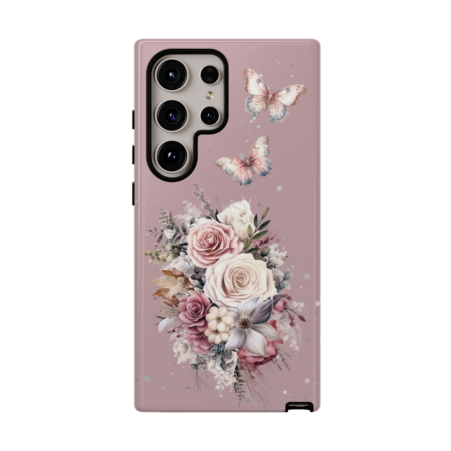 Dusty Rose Floral Phone Case - Tough Cases, Decorative Cell Phone Cover, Butterfly Design