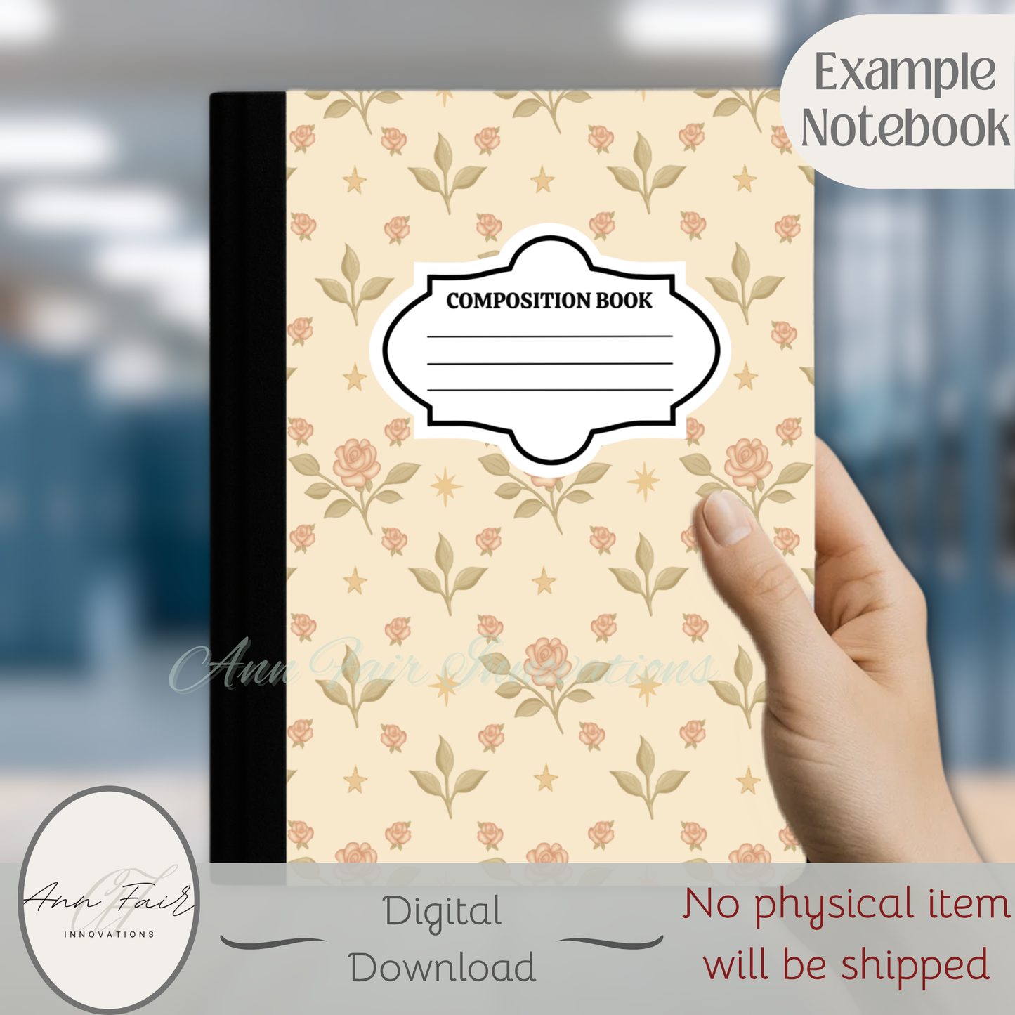 Vintage Roses and Stars Composition Notebook Cover | Digital Download PNG | Back to School, Journaling, DIY Custom Notebook, Sticker Paper Cover