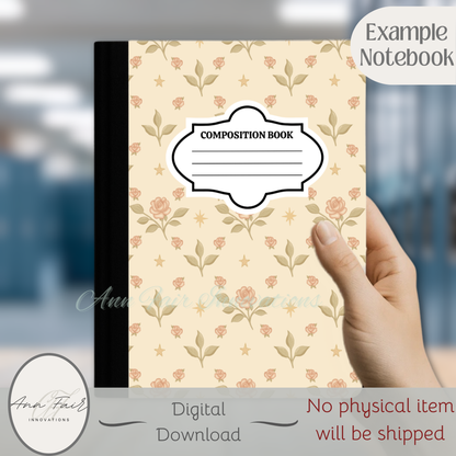 Vintage Roses and Stars Composition Notebook Cover | Digital Download PNG | Back to School, Journaling, DIY Custom Notebook, Sticker Paper Cover