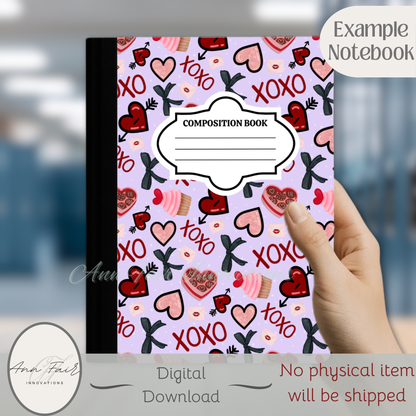 Valentine XOXO Composition Notebook Cover | Digital Download PNG | Back to School, Journaling, DIY Custom Notebook, Sticker Paper Cover