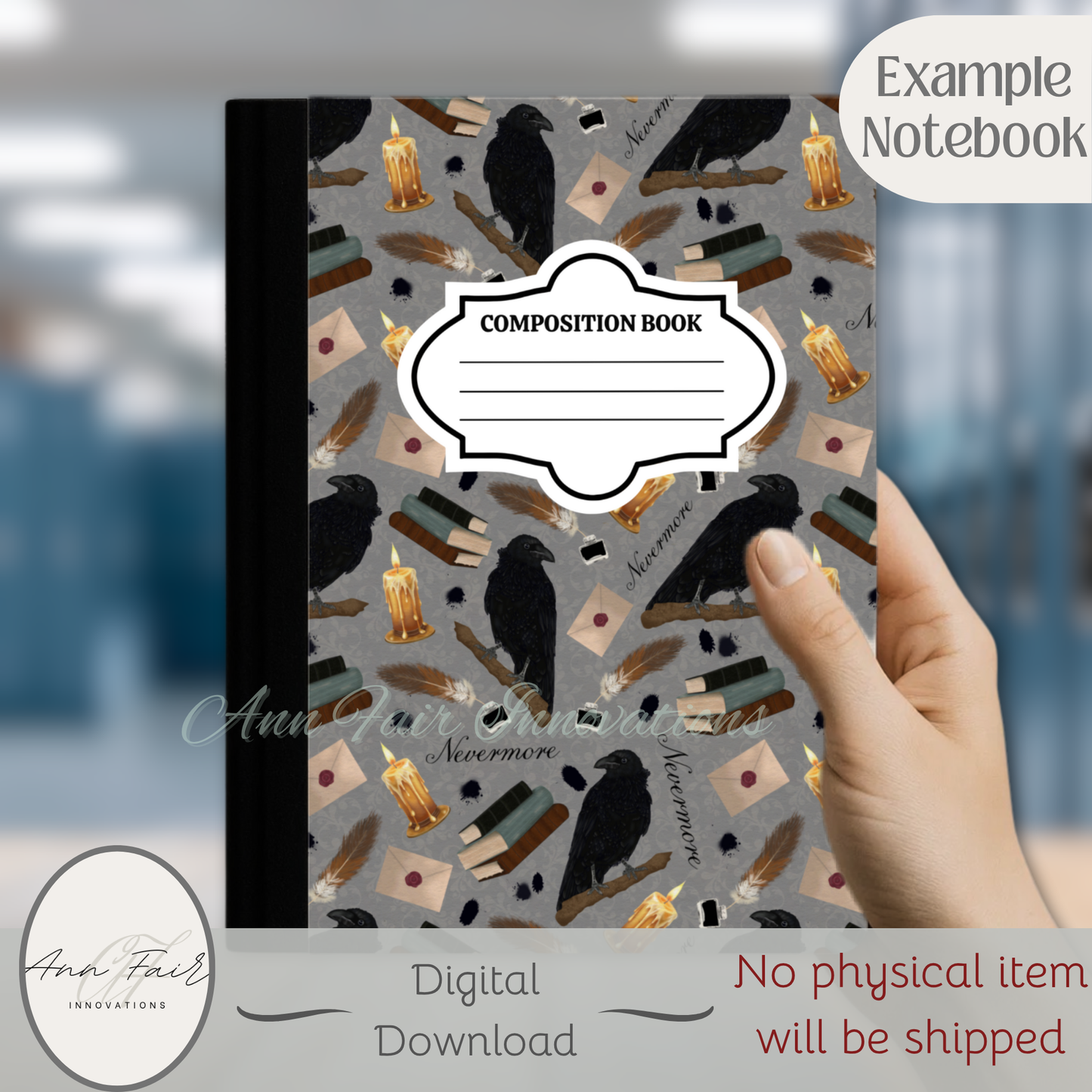 Nevermore in Grey Composition Notebook Cover | Digital Download PNG | Back to School, Journaling, DIY Custom Notebook, Sticker Paper Cover