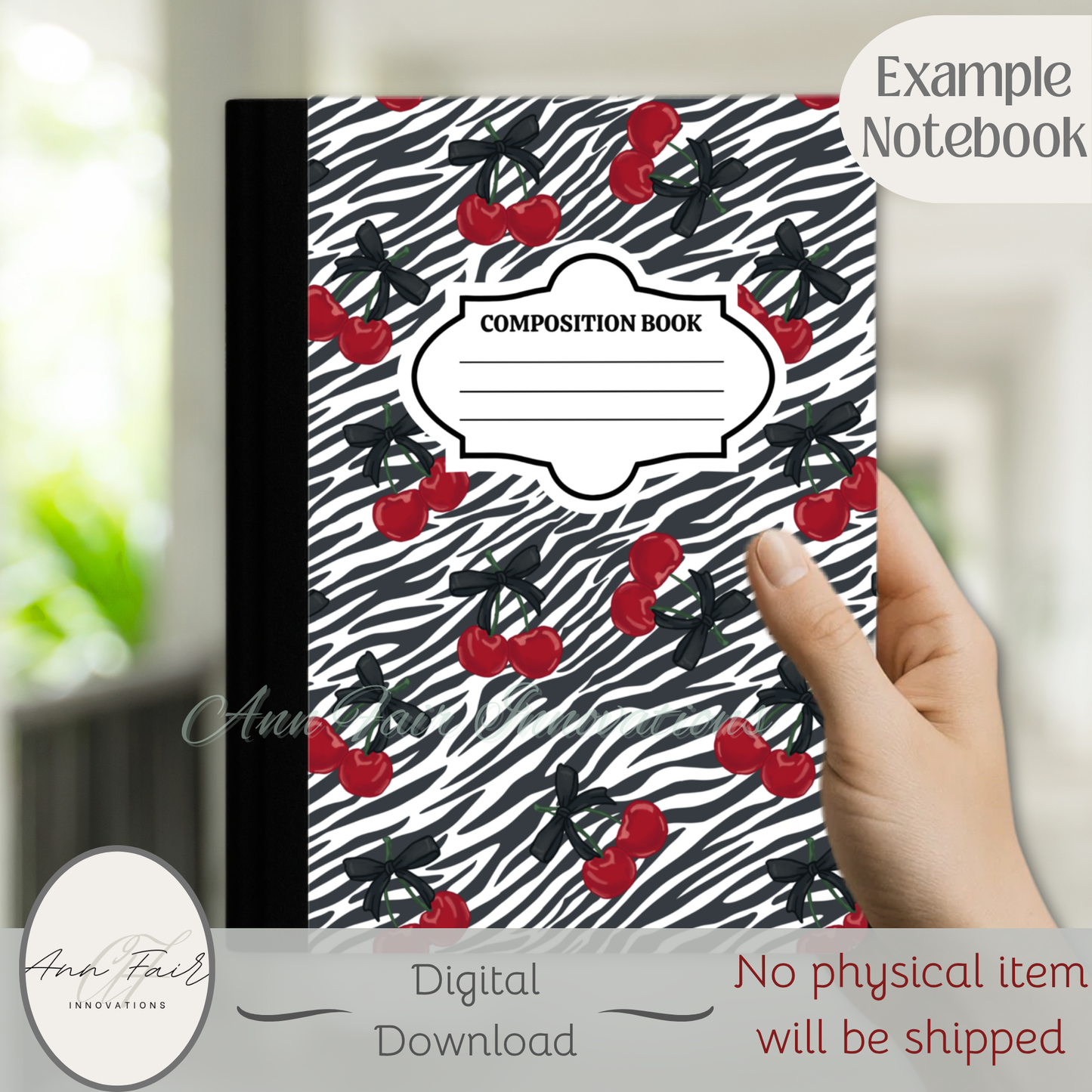 Zebra Print and Cherries Composition Notebook Cover | Digital Download PNG | Back to School, Journaling, DIY Custom Notebook, Sticker Paper Cover
