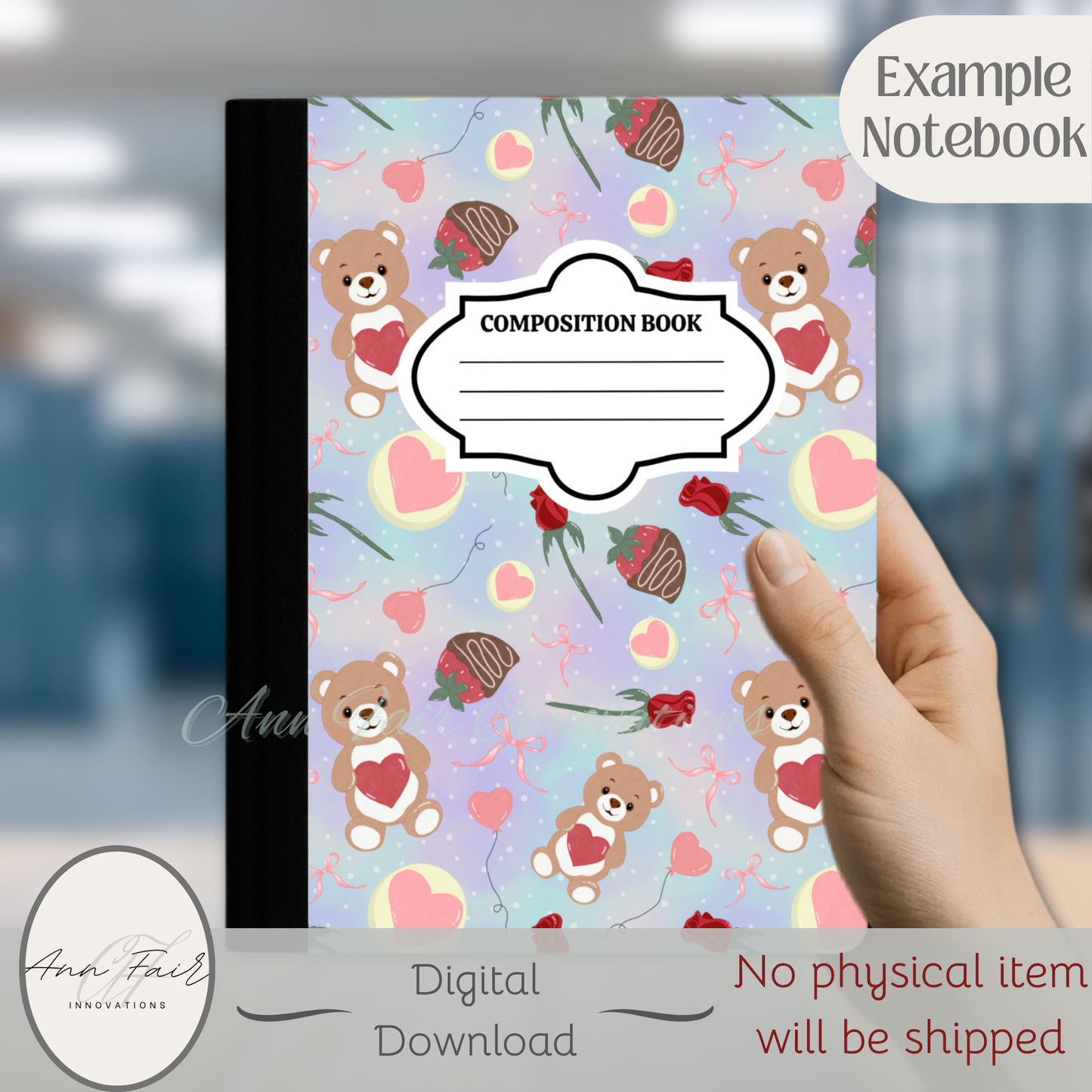 Teddy Bear Valentine Composition Notebook Cover | Digital Download PNG | Back to School, Journaling, DIY Custom Notebook, Sticker Paper Cover