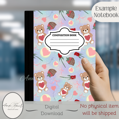 Teddy Bear Valentine Composition Notebook Cover | Digital Download PNG | Back to School, Journaling, DIY Custom Notebook, Sticker Paper Cover