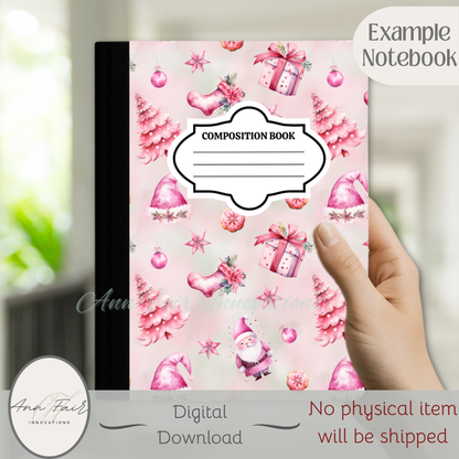 Pink Christmas Composition Notebook Cover | Digital Download PNG | Back to School, Journaling, DIY Custom Notebook, Sticker Paper Cover
